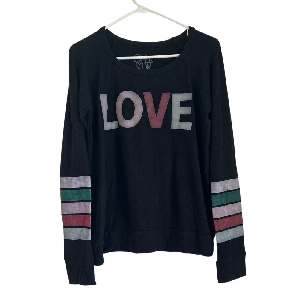 NWT Chaser Long Sleeve Tee, Black w/ Stripes & “LOVE” Graphic, Women’s Medium